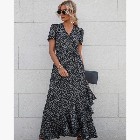 PRETTYGARDEN Maxi Dress Wrap Floral Boho Short Sleeve Black & White Sz L - Picture 7 of 9